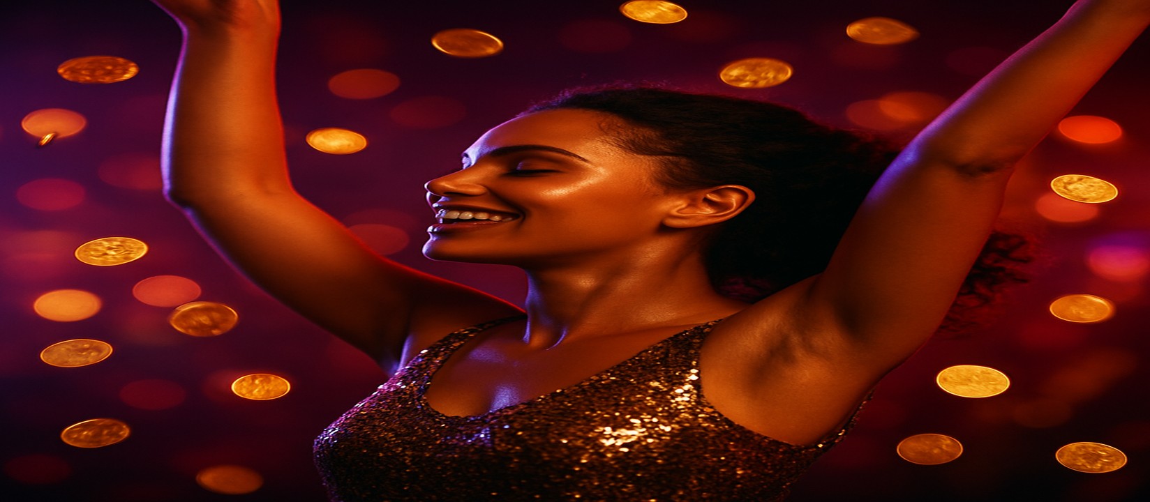 এভিয়েটর গেমে সাফল্যের আনন্দে উচ্ছ্বাসিত এক নারী, চারপাশে উড়ছে স্বর্ণমুদ্রা