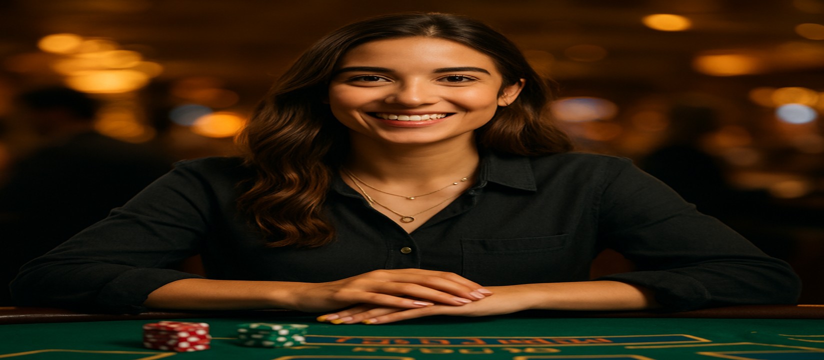 একটি হাসিখুশি নারী ডিলার একটি কার্ড টেবিলে, সামনে চিপস ও কার্ড নিয়ে joya999 গেমিং প্ল্যাটফর্মে বিস্তৃত গেমগুলোর একটি নির্বাচন উপস্থাপন করছেন