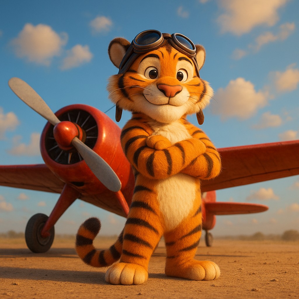 এভিয়েটর গেমটির চিহ্ন হিসেবে লাল বিমানের পাশে দাঁড়িয়ে থাকা এক টাইগার পাইলট