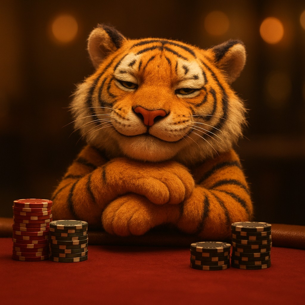 joya999 গেমিং প্ল্যাটফর্মে খেলার টেবিলে চিপস হাতে নিয়ে হাসিখুশি একটি টাইগার শাবক বসে আছে