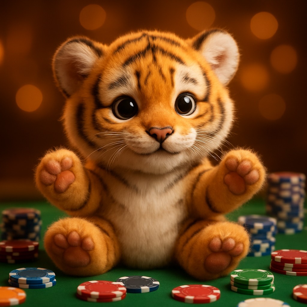 একটি ছোট বাঘের বাচ্চা একটি টেবিলে বসে আছে, সামনে খেলার চিপস রয়েছে।