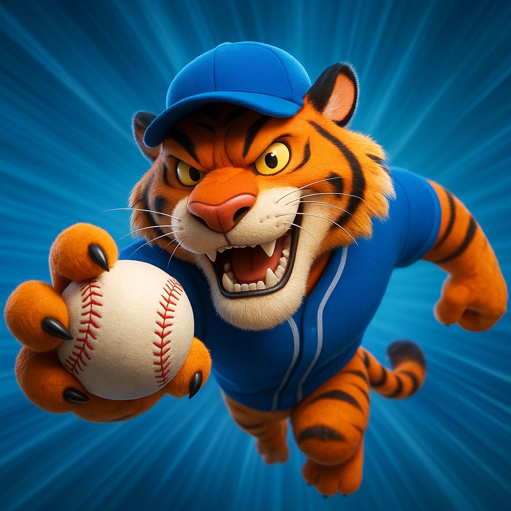 joya999 ক্রিকেট গেমিংয়ের প্রতীক হিসেবে একটি আনন্দিত টাইগার শাবক, ইউনিফর্ম পরা অবস্থায় হাতে বল ধরেছে।