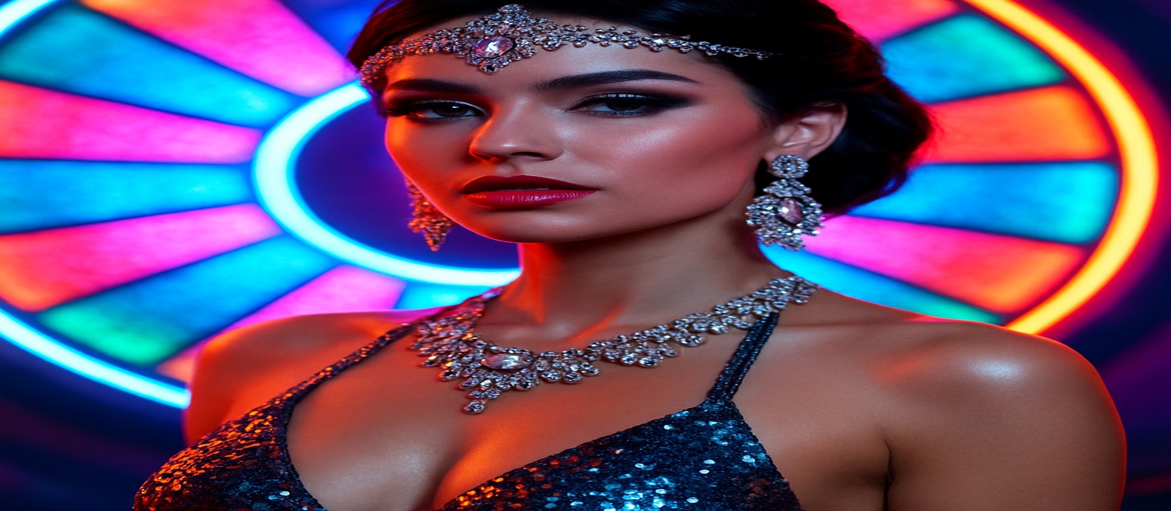 joya999 এর রঙিন গেমিং প্ল্যাটফর্মের সামনে উজ্জ্বল পোশাকে একজন নারী